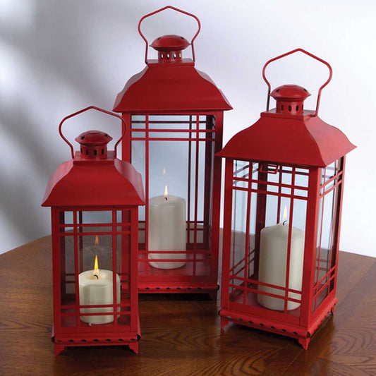 red metal oversized floor lanterns